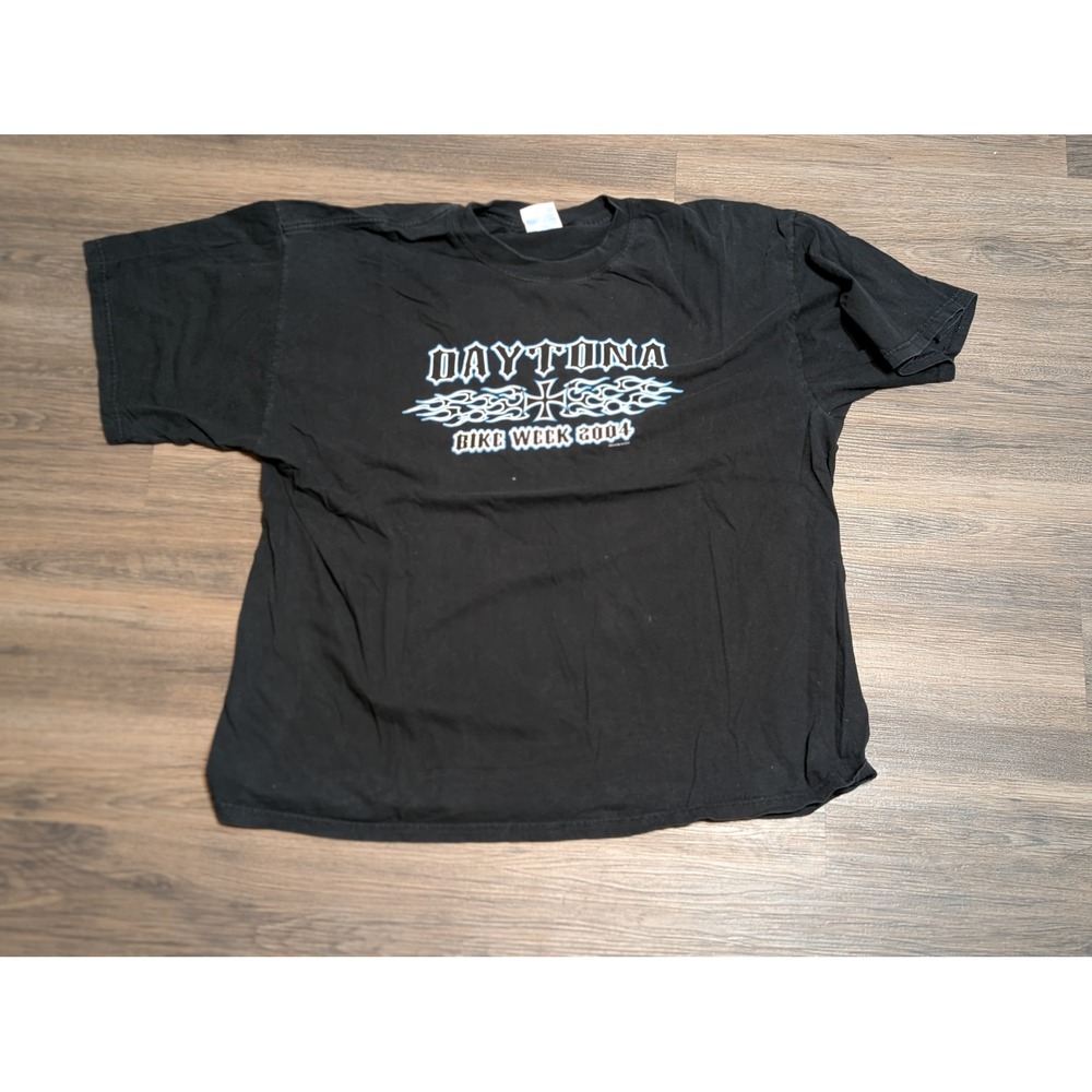 Daytona Bike Week 2004 T Shirt Mens XXL Black Iron Cross Flames Biker Y2K Gildan